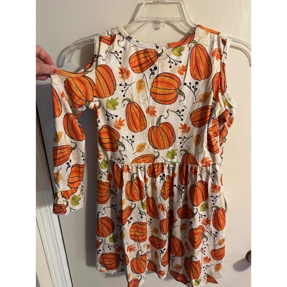 Girls Pumpkin Fall Cold Shoulder Dress Orange White Ruffle Sleeve Age 10-12T 5XL